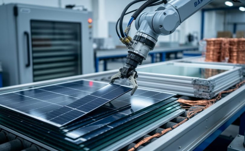 Robotic arms remove layers from a photovoltaic panel on an automated line inside a clean recycling facility, with a thermal delamination chamber and stacks of glass, aluminum frames, and copper coils softly blurred in the background.