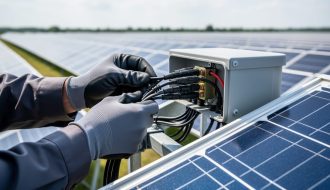 Gloved technician fastening MC4 connectors and organizing cables at a solar panel junction box, with a utility-scale solar array softly blurred in the background under diffused daylight.