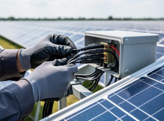 Gloved technician fastening MC4 connectors and organizing cables at a solar panel junction box, with a utility-scale solar array softly blurred in the background under diffused daylight.