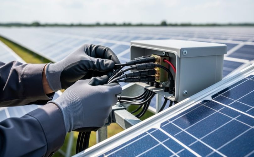 Gloved technician fastening MC4 connectors and organizing cables at a solar panel junction box, with a utility-scale solar array softly blurred in the background under diffused daylight.