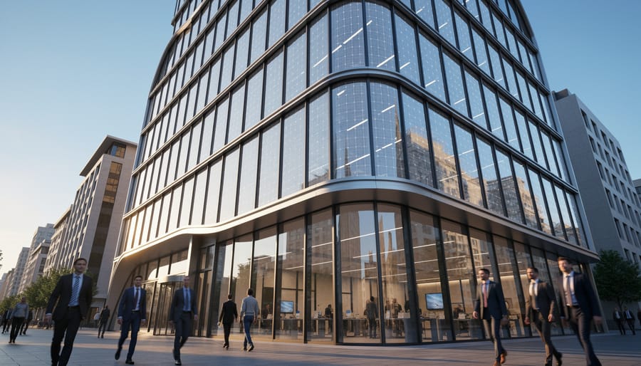 Modern building with semi-transparent organic solar panels integrated into glass facade