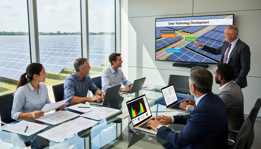 Diverse team of engineers and researchers collaborating in solar innovation laboratory