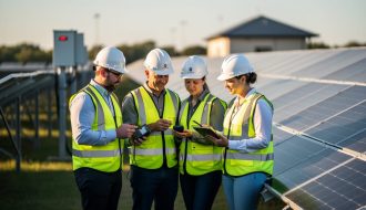 Engineers in safety vests review data on a tablet beside a community solar test array at golden hour, with rows of PV panels and a small substation softly blurred in the background.