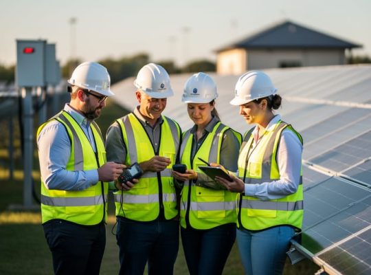 Engineers in safety vests review data on a tablet beside a community solar test array at golden hour, with rows of PV panels and a small substation softly blurred in the background.