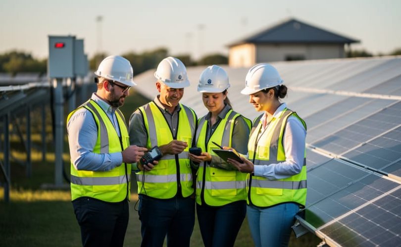 Engineers in safety vests review data on a tablet beside a community solar test array at golden hour, with rows of PV panels and a small substation softly blurred in the background.