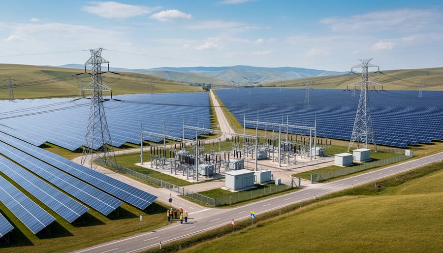 Aerial view of large-scale solar installation with transmission lines extending across international landscape