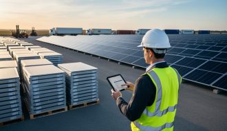 Procurement manager with tablet supervising stacked solar panels near a utility-scale array, with a forklift, trucks, and shipping containers in the background under warm late-day light