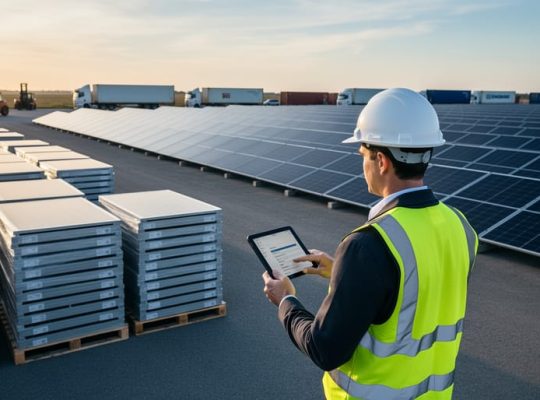 Procurement manager with tablet supervising stacked solar panels near a utility-scale array, with a forklift, trucks, and shipping containers in the background under warm late-day light