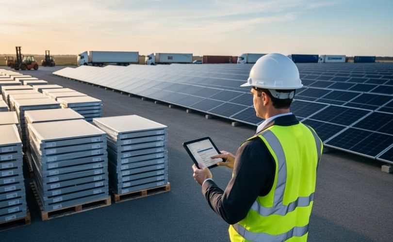 Procurement manager with tablet supervising stacked solar panels near a utility-scale array, with a forklift, trucks, and shipping containers in the background under warm late-day light
