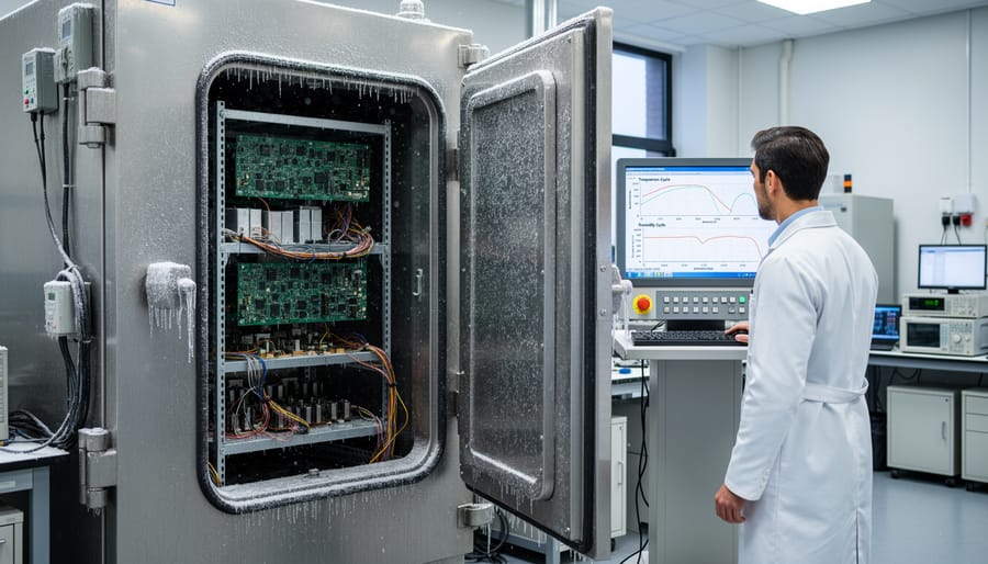 Laboratory technician conducting environmental stress testing on solar components in climate chamber