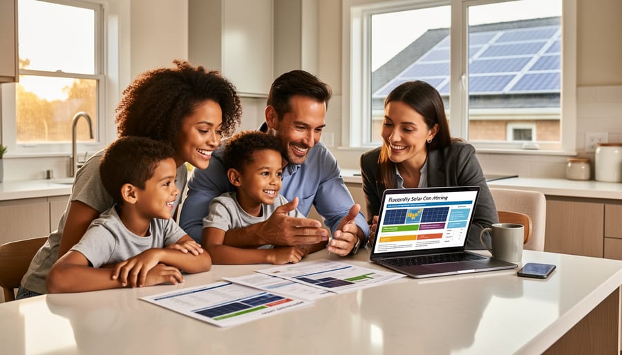 Family reviewing solar financing options together on tablet in comfortable home setting