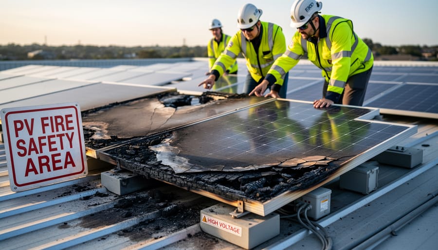 Solar panel array showing fire damage on residential rooftop