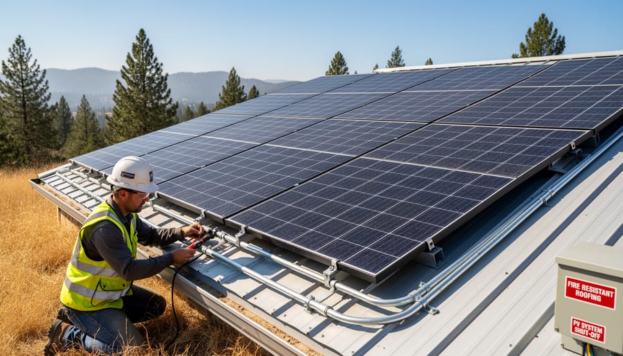 Solar installation technician mounting fire-resistant solar panel on rooftop