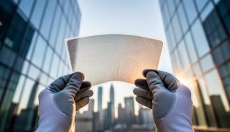 Gloved hands hold a curved semi-transparent flexible solar panel against a modern glass facade, backlit by golden-hour sunlight with a softly blurred city skyline behind.