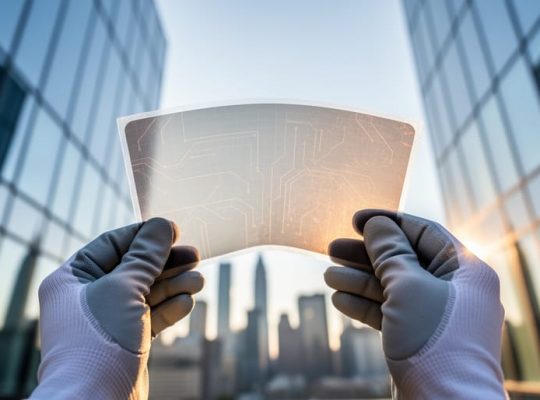 Gloved hands hold a curved semi-transparent flexible solar panel against a modern glass facade, backlit by golden-hour sunlight with a softly blurred city skyline behind.