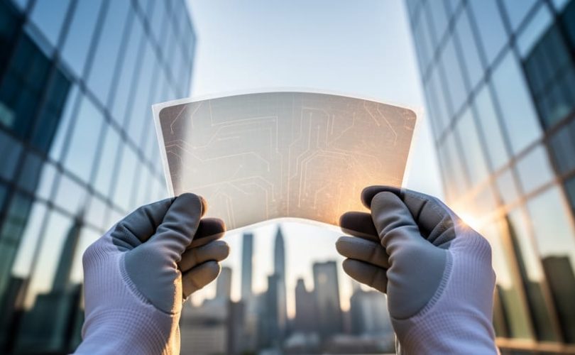 Gloved hands hold a curved semi-transparent flexible solar panel against a modern glass facade, backlit by golden-hour sunlight with a softly blurred city skyline behind.