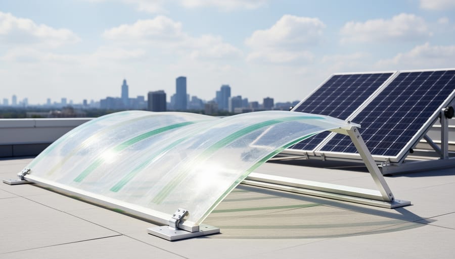 Flexible organic solar panel material held up to sunlight showing translucent properties