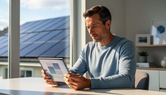 Homeowner at a modern sunlit desk focused on a tablet with a clean interface, while rooftop solar panels are softly visible through a nearby window in the background.