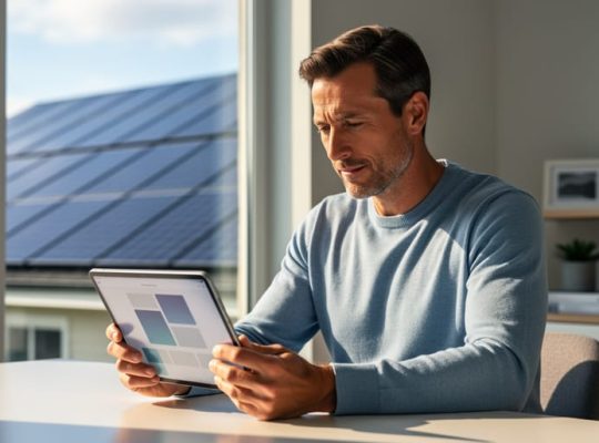 Homeowner at a modern sunlit desk focused on a tablet with a clean interface, while rooftop solar panels are softly visible through a nearby window in the background.