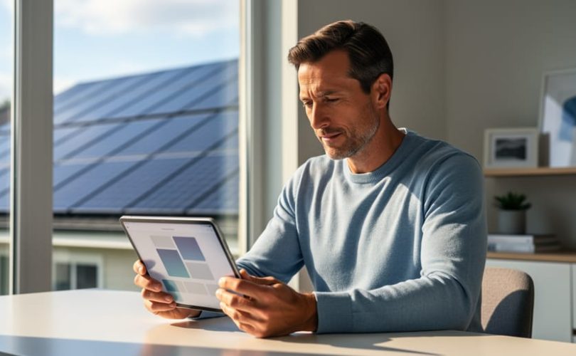 Homeowner at a modern sunlit desk focused on a tablet with a clean interface, while rooftop solar panels are softly visible through a nearby window in the background.