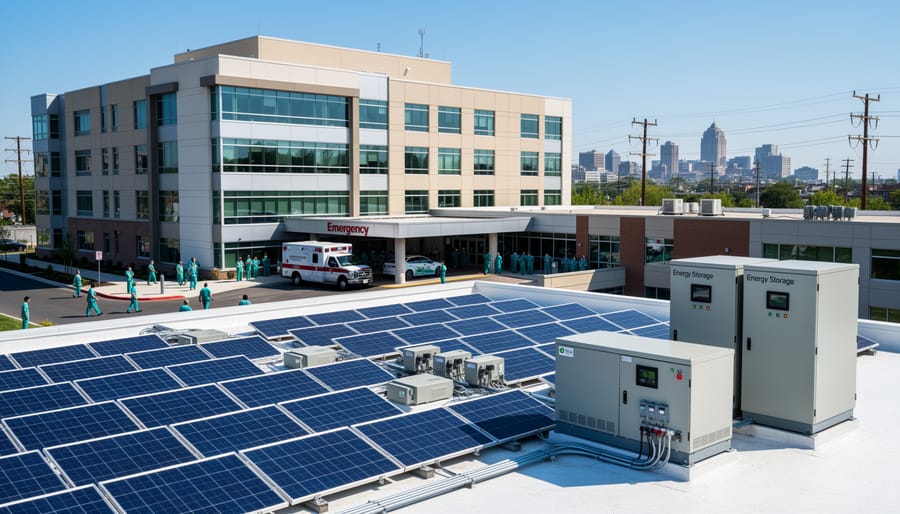 Modern hospital building with integrated rooftop solar microgrid system