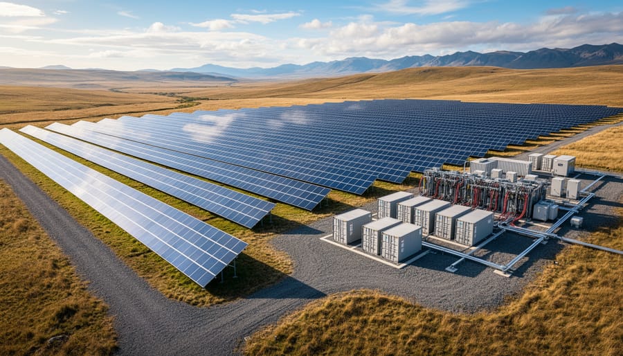 Aerial view of large off-grid solar power system with battery storage in desert environment