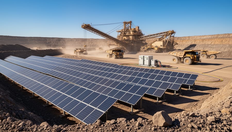 Mining facility with off-grid solar power installation in remote location