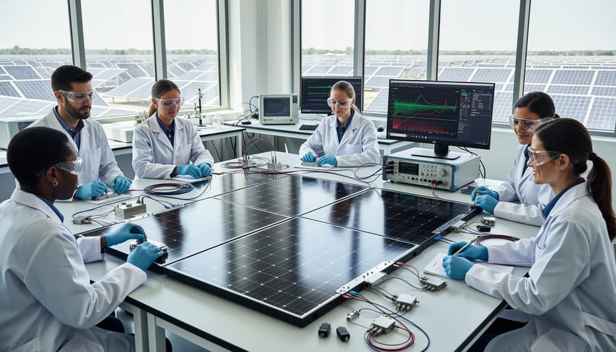 Detailed view of high-efficiency mono PERC solar cell showing contact patterns