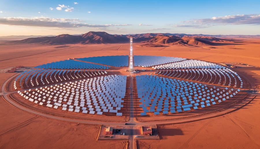 Aerial view of Morocco's Noor Ouarzazate concentrated solar power plant with circular mirror arrays in desert