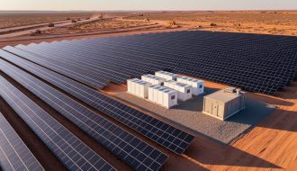 Oblique aerial view of a large off-grid solar array beside white battery storage containers and a small generator building at a remote desert mining site during golden hour