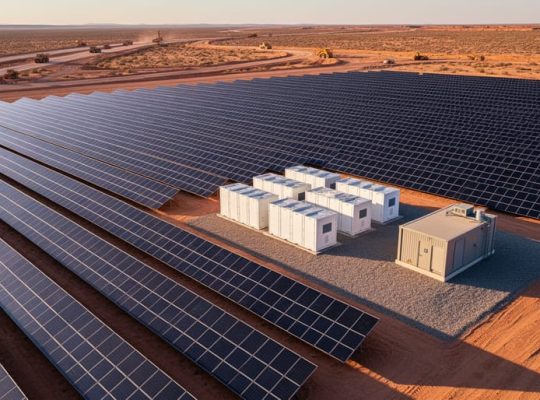 Oblique aerial view of a large off-grid solar array beside white battery storage containers and a small generator building at a remote desert mining site during golden hour