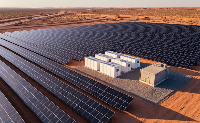 Oblique aerial view of a large off-grid solar array beside white battery storage containers and a small generator building at a remote desert mining site during golden hour
