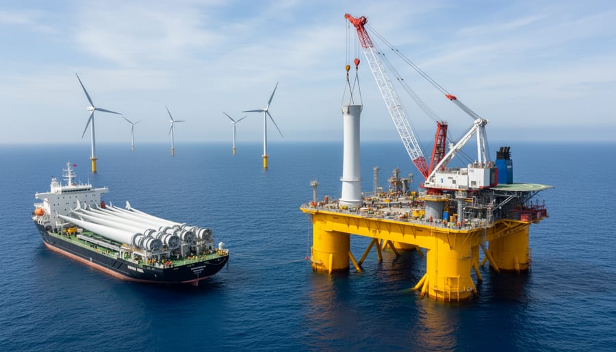 Aerial view of offshore wind installation vessel working in ocean with crane equipment