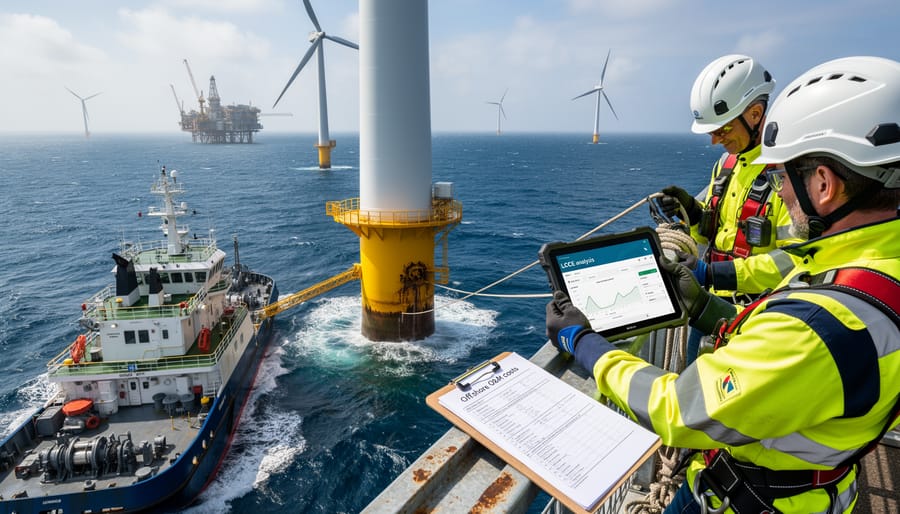 Wind turbine technician performing maintenance work inside turbine nacelle