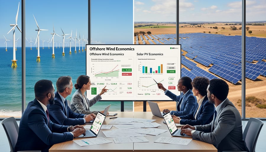 Offshore wind farm in ocean with coastal solar installation visible on shoreline