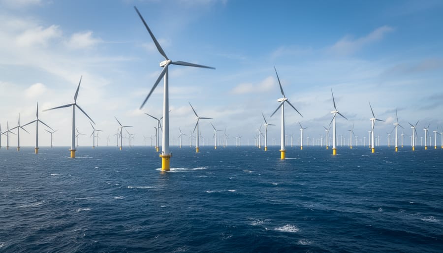 Large offshore wind turbine rising from ocean waters against overcast sky