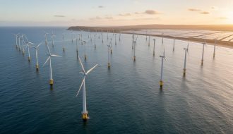Oblique aerial view of a large offshore wind farm at golden hour, showing multiple white turbines in calm blue-gray water, with a distant coastline and faint solar panel fields, lit by warm side sunlight.