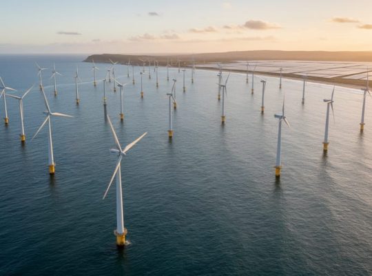 Oblique aerial view of a large offshore wind farm at golden hour, showing multiple white turbines in calm blue-gray water, with a distant coastline and faint solar panel fields, lit by warm side sunlight.