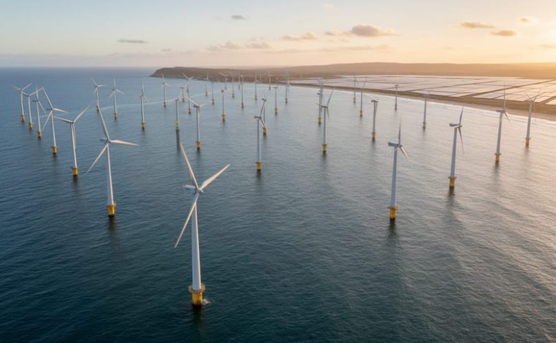 Oblique aerial view of a large offshore wind farm at golden hour, showing multiple white turbines in calm blue-gray water, with a distant coastline and faint solar panel fields, lit by warm side sunlight.