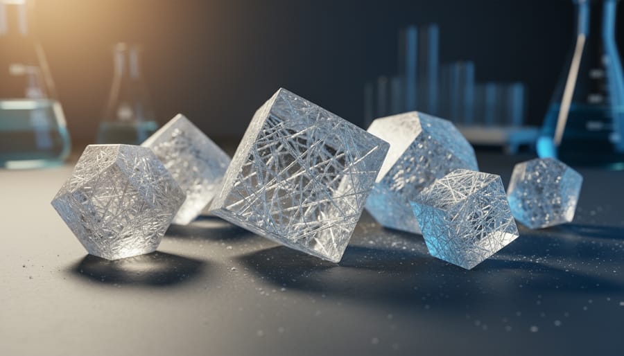 Close-up of perovskite solar cell crystal structure with geometric patterns