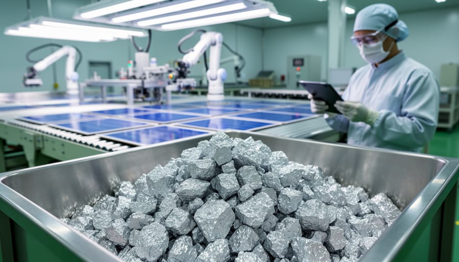 Close-up of purified polysilicon chunks used in solar panel manufacturing