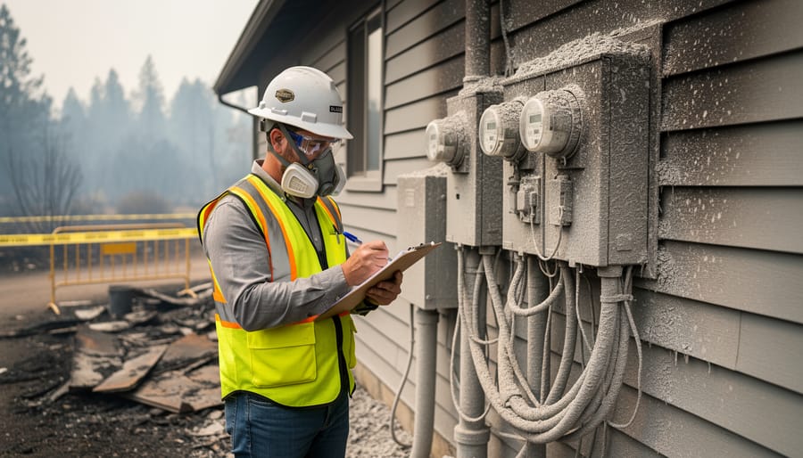 Technician conducting safety inspection of ash-covered solar panel system