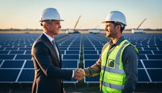 Two professionals wearing safety gear and a suit shake hands in front of expansive solar panels at golden hour, with construction equipment softly blurred in the background.
