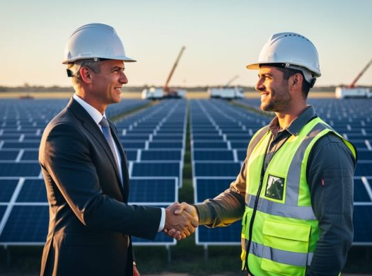 Two professionals wearing safety gear and a suit shake hands in front of expansive solar panels at golden hour, with construction equipment softly blurred in the background.