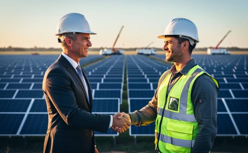 Two professionals wearing safety gear and a suit shake hands in front of expansive solar panels at golden hour, with construction equipment softly blurred in the background.