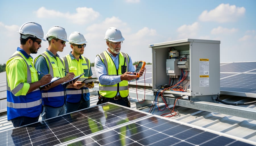 Technician using diagnostic equipment to test solar panel electrical connections
