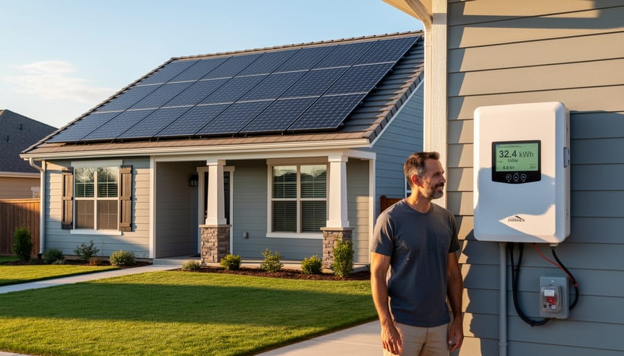Suburban home with complete 8kW solar panel system installed on roof