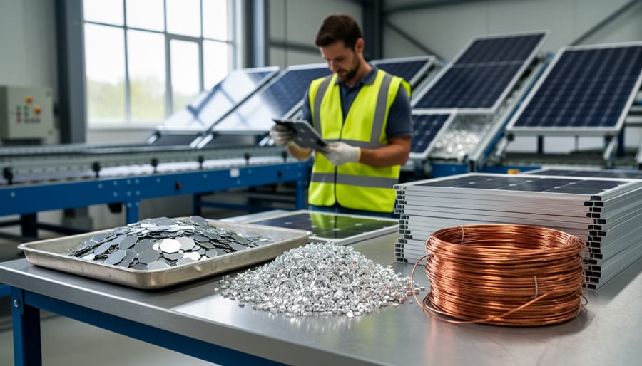Close-up of recovered materials from recycled solar panels including silicon and metal components