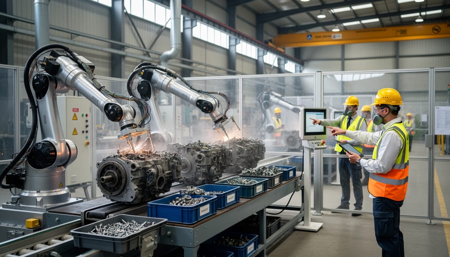 Industrial robotic arm handling solar panel in automated recycling facility