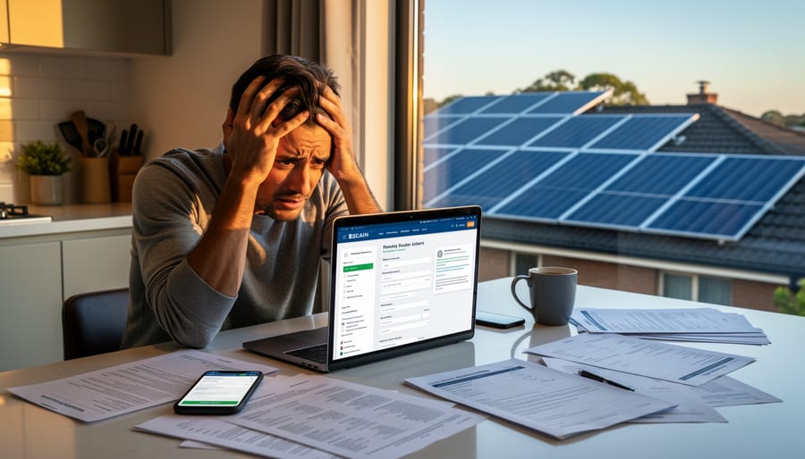 Person appearing stressed while reviewing complex solar financing application on laptop